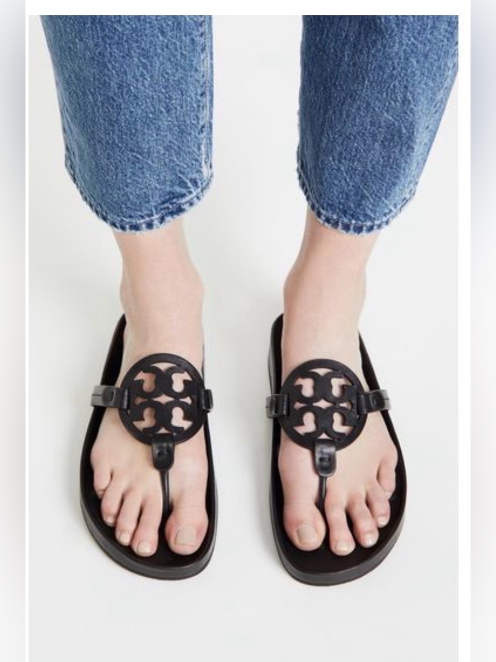 Tory Burch Black Miller Logo Thong Sandals - Leather Slip-On